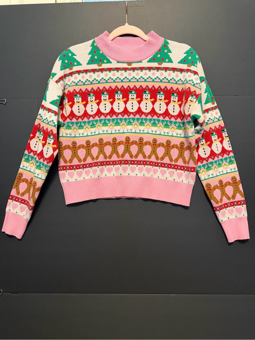 Forever 21 Pink Fair Isle Holiday Sweater with Snowmen & Gingerbread